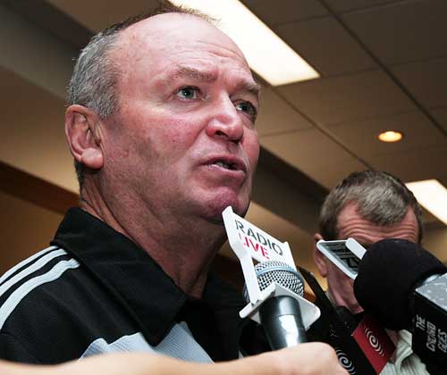 New Zealand coach Graham Henry talks to the media