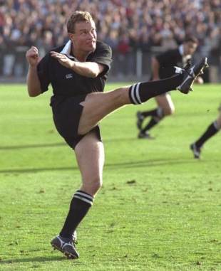 New Zealand's Grant Fox kicks the ball into touch, New Zealand v British & Irish Lions, June 1, 1993