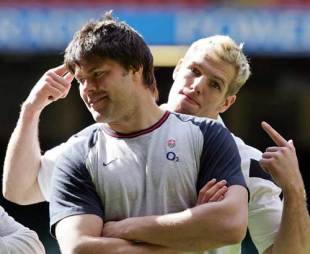 England's Tom Palmer and James Haskell joke around in training, Millennium Stadium, Cardiff, Wales, March 16, 2007