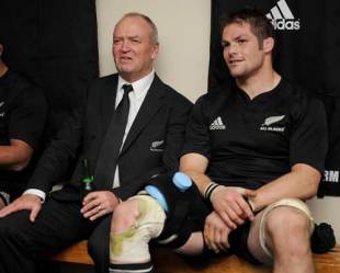 New Zealand skipper Richie McCaw sits with coach Graham Henry following his side's victory over Australia, New Zealand v Australia, Eden Park, Auckland, July 18, 2009