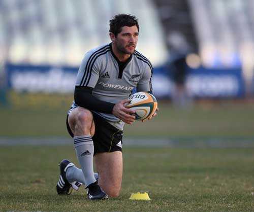 All Blacks fly-half Stephen Donald lines up a kick during training at Free State Stadium 