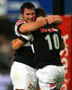 Monty Dumond and Riaan Swanepoel of Natal Sharks celebrate during their win over the Blue Bulls 