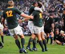 South Africa fly-half Morne Steyn is congratulated after scoring a try
