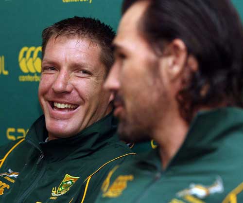 South Africa locks Bakkies Botha and Victor Matfield share a joke