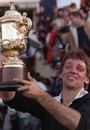 All Black captain David Kirk lifts the Rugby World Cup