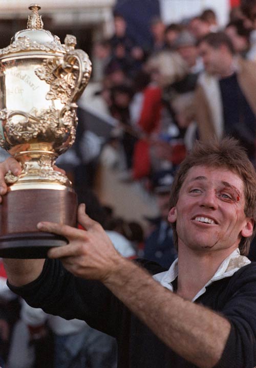 All Black captain David Kirk holds aloft the Rugby World Cup, New Zealand v France, World Cup final, Eden Park, June 20, 1987