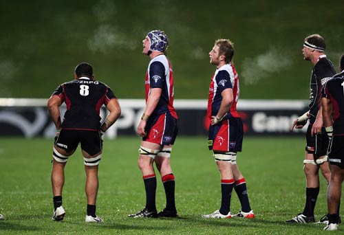 Tasman duo Joseph Wheeler and Mark Bright of Tasman and North Harbour's Chris Smith wait for the lineout ball