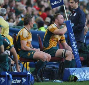 Australia's Matt Giteau and Richard Brown sit out the action in the sin-bin, South Africa v Australia, Newlands, Cape Town, South Africa, August 8, 2009
