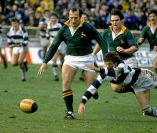 South Africa's Gerrie Germishuys hacks the ball on against Auckland, Auckland v South Africa, Eden Park, New Zealand, September 5, 1981