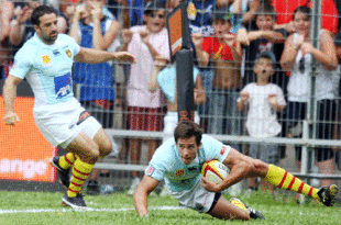 Perpignan full back Armand Batlle scores for the French champions in their 28-20 win over Bayonne at Stade Aime Giral, Perpignan, France, August 15, 2009