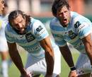 Racing Metro's Sebastien Chabal and Lionel Nallet prepare for a lineout