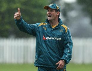 Wallaby head coach Robbie Deans signals to his team during a training session held at Westerford High School in Cape Town, South Africa on August 6, 2009