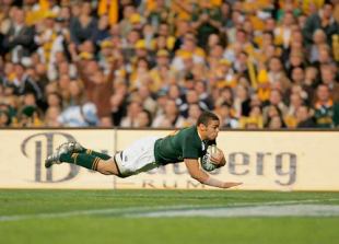 Springboks winger Bryan Habana scores his second try in Perth, Australia v South Africa, Tri-Nations, Subiaco Oval, Perth, Australia, August 20, 2005