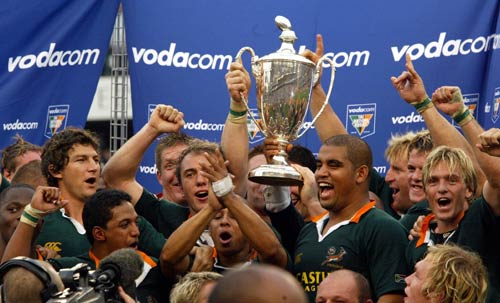 The Springboks celebrate after winning the Tri-Nations title in Durban
