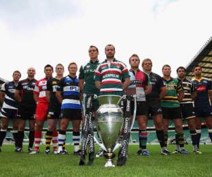 The 12 captains of the Guinness Premiership teams pose with the trophy at the launch of the 2009 season, Twickenham, August 27, 2009