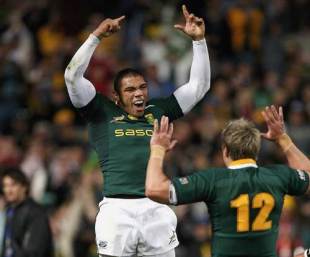 South Africa winger Bryan Habana celebrates his first try, Australia v South Africa, Tri-Nations, Subiaco Oval, Perth, August 29, 2009