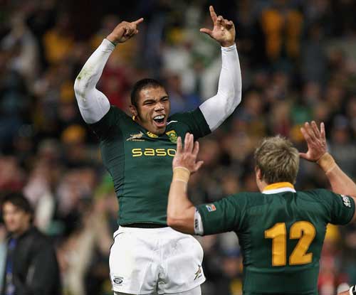 South Africa winger Bryan Habana celebrates his first try