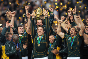 John Smit of South Africa and the South Africa team joined by South African president Thabo Mbeki celebrate winning the IRB 2007 Rugby World Cup final match between South Africa and England with a score of 6-15 at the Stade de France in St Denis on October 20, in Paris, France. 