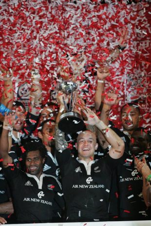 DJ Forbes of New Zealand lifts the trophy after the final of the IRB World Sevens Series Cup Final between New Zealand and Fiji on December 1, 2007 at the Exiles Rugby Club in Dubai, UAE. 
