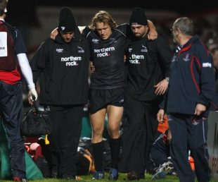 Jonny Wilkinson of Newcastle is helped off the pitch after being injured, Gloucester v Newcastle, Guiness Premiership, Kingsholm, September 30, 2008 