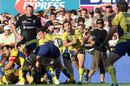 Clermont scrum-half Morgan Parra feeds his backline in Brive