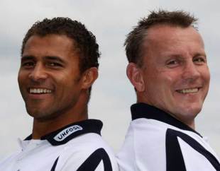 Sale director of rugby Kingsley Jones poses with coach Jason Robinson, Edgeley Park, Stockport, England, August 18, 2009
