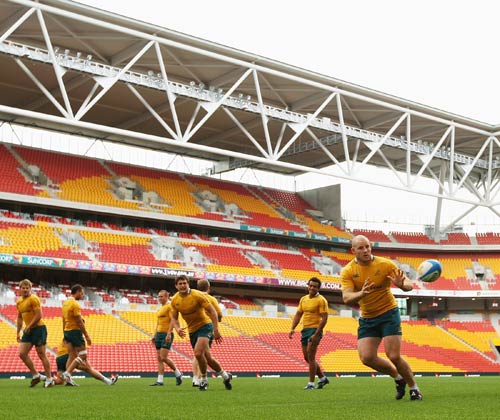 Stephen Moore receives a pass during the Wallabies captain's run at the Suncorp Stadium in Brisbane