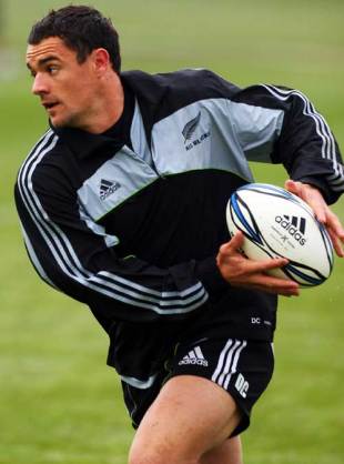 Dan Carter passes the ball during training ahead of a Tri-Nations Test with South Africa at St. Peter's College, Cambridge, New Zealand, September 8, 2009