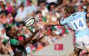 Quins' Ugo Monye and Leicester's Scott Hamilton fight for the ball