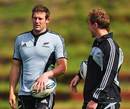 All Blacks Tom Donnelly and Jimmy Cowan chat during a training session