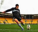 New Zealand fly-half Dan Carter slots a kick at the Westpac Stadium