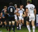 Ospreys wing Tommy Bowe is congratulated after scoring