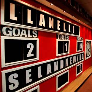 The old scoreboard from Stradey Park, showing the score of Llanelli's famous win over New Zealand, takes pride of place at Parc y Scarlets' club shop, January 14, 2009