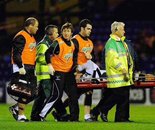 London Irish winger Adam Thompstone is stretchered from the field