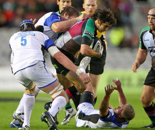 Quins Gonzalo Tiesi is shackled by the Bath defence