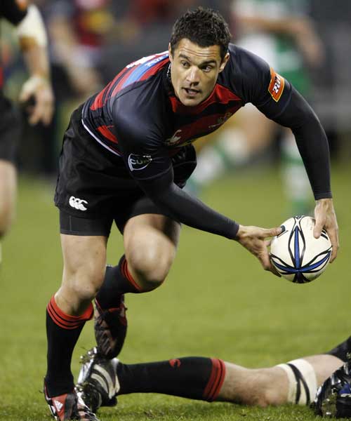 Canterbury fly-half Dan Carter snaffles the ball from a ruck