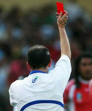 Referee Jonathan Kaplan brandished a red card for Tonga's Hale T-Pole, Tonga v Samoa, Rugby World Cup, Stade de le Mosson, Marseille, September 16, 2007