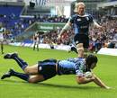 Cardiff Blues wing Tom James dives in to score