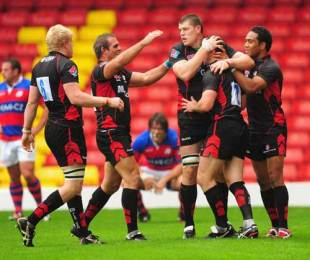 Saracens' Kevin Sorrell is congratulated after scoring a try, Saracens v Rovigo, European Challenge Cup, Vicarage Road, Watford, England, October 11, 2009