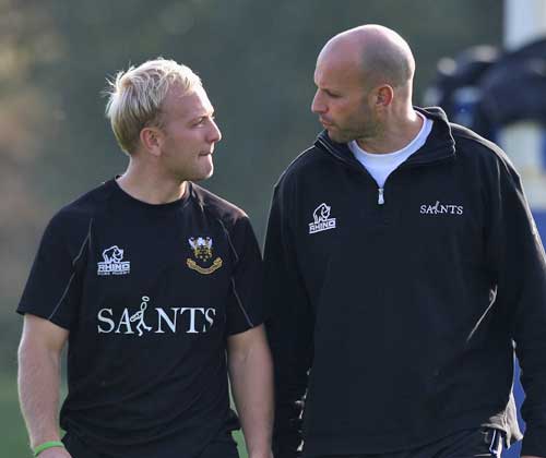 Northampton's Shane Geraghty talks to director of rugby Jim Mallinder