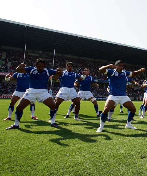 Samoa perform a haka ahead of their Rugby World Cup game with Tonga