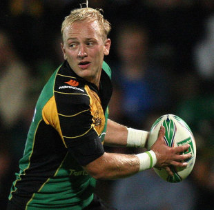Shane Geraghty of Northampton passes the ball during the Heineken Cup match between Northampton Saints and Munster at Franklin's Gardens on October 10, 2009 in Northampton, England