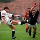 England fly-half Rob Andrew slots a drop-goal