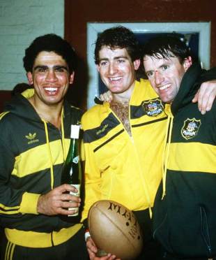Mark Ella, David Campese and Andrew Slack celebrate victory over Scotland, Scotland v Australia, Murrayfield, December 8, 1984