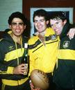 Mark Ella, David Campese and Andrew Slack celebrate victory over Scotland