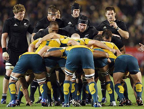 The Wallabies and All Blacks pack down for a scrum 