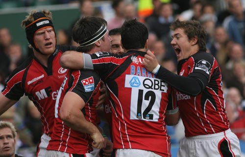 Saracens' Andy Saull is congratulated after scoring at the Rec