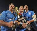 The Blue Bulls back-row, Deon Stegmann, Dewald Potgieter and Pierre Spies, celebrate with the Currie Cup