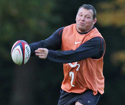 England hooker Steve Thompson in action during a training session