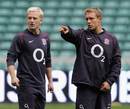 England fly-half Jonny Wilkinson delivers instructions to centre Shane Geraghty
